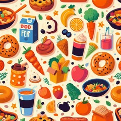Wall Mural - seamless food pattern background illustration.natural organic healthy fresh vegetable fruit tomatoes icon doodle wallpaper.eatery vegetarian vegan ingredient green nature texture vector design.