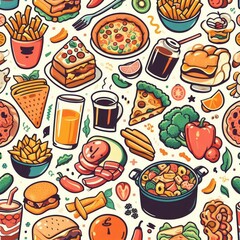 Wall Mural - seamless food pattern background illustration.natural organic healthy fresh vegetable fruit tomatoes icon doodle wallpaper.eatery vegetarian vegan ingredient green nature texture vector design.