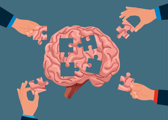 Wall Mural - Brainstorming. Help each other to assemble brain puzzles. Flat vector illustration