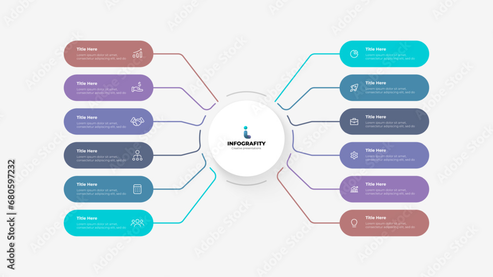 Flowchart infographic business template. Central circle with 12 rounded ...