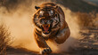 A deadly strike awaits as a ferocious tiger, bathed in morning light, runs for the attack with extended claws, Generative AI