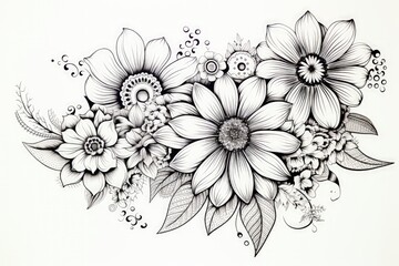 Wall Mural - Coloring book flowers doodle style black outline.