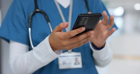 Sticker - Hands, phone and healthcare with a nurse scrolling in a hospital closeup for research or networking. Medical, communication and information with a medicine professional person reading in a clinic