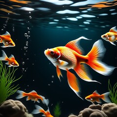 Wall Mural - 3d illustration, fish in aquarium 3d illustration, fish in aquarium 3d rendering of colorful goldfish or goldfish underwater background