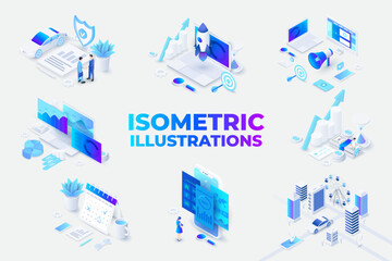 Set of isometric illustrations with characters for landing page, advertisement or presentation. Data analysis, management, SEO, planning and startup business