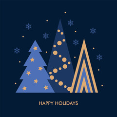 abstract christmas trees greeting card, gold and blue design