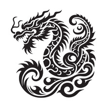 Ornamental Chinese Dragon Black And White Artistic Pattern. Dragon Dance. Chinese Symbol. Isolated Patterned Decorative Asian Style Design On White Background. Taroo. Emblem, Logo. Festive Icon