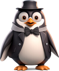 cartoon 3D model of a penguin in a suit with a bow tie and a top hat