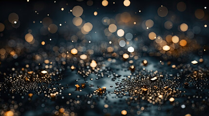 black  golden christmas lights bokeh,, christmas particles and sprinkles for a holiday celebration like christmas or new year. black Golden background with bokeh effec. dark bokeh light