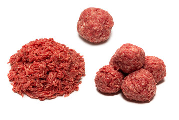 Wall Mural - Raw meat balls isolated on white background.