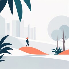 Canvas Print - abstract landscape, tropical background. vector illustration.abstract landscape, tropical background. vector illustration.man in a hat and a coat walks along the road with a palm trees in the park. ve