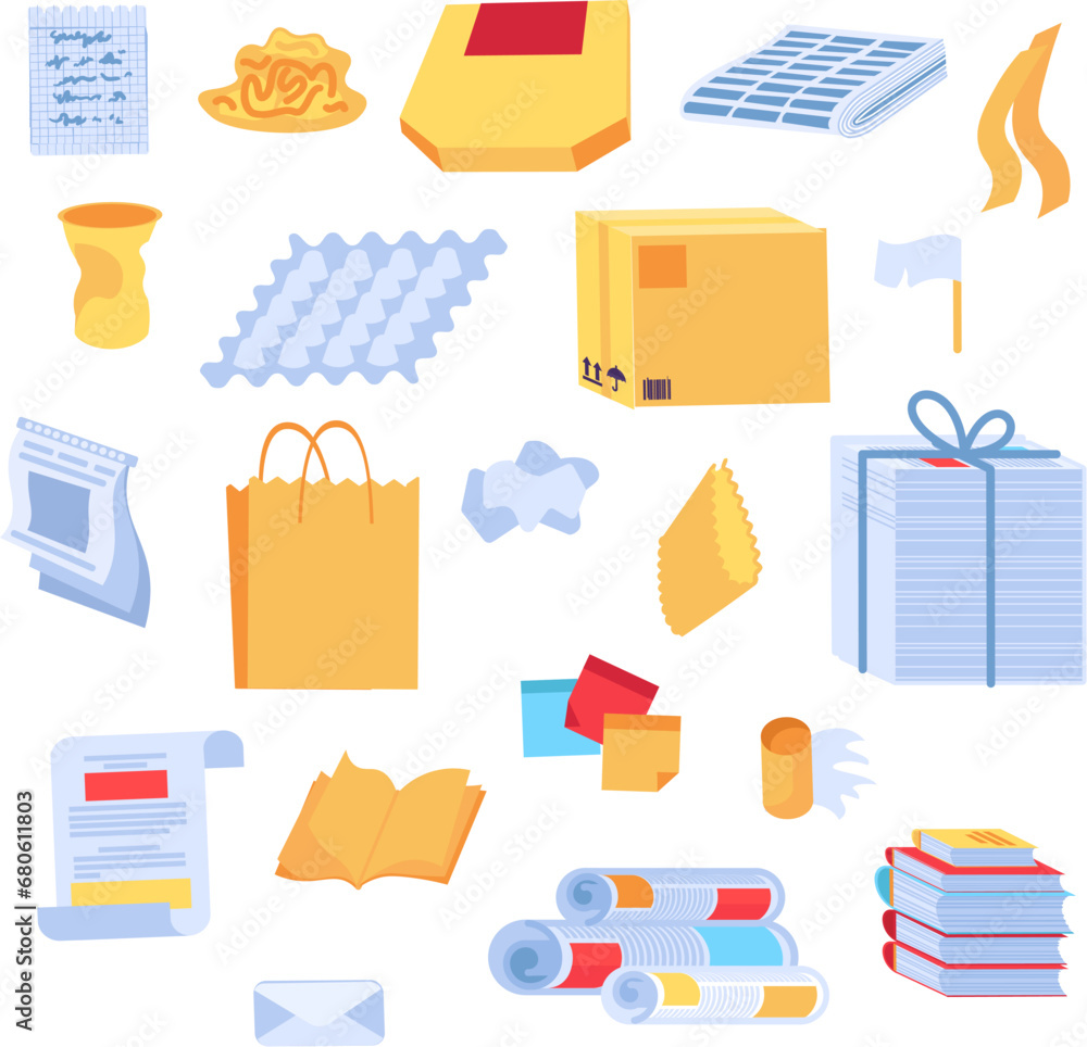 Collection of unwanted Paper Objects. Items out of use and subject to disposal. Recycling of Paper and carton industrial products. Cartoon vector isolated on white background