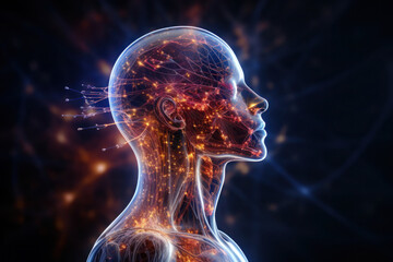 Wall Mural - spiritual life and esoteric concept. silhouette of human head with glowing neurons on dark backgroun