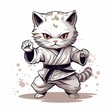 Drawn karate cat on a white isolated background. Oriental martial arts