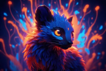 Sticker - a beautiful illustration of a fox with a glowing neon lights beautiful illustration of a fox with a glowing neon lights 3d rendering of a cute colorful cat with a dark background