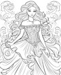 Coloring book, black and white illustration, princess.