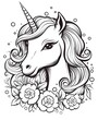 Coloring book, black and white illustration, unicorn
