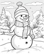 Coloring book, black and white illustration, snowman