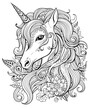 Coloring book, black and white illustration, unicorn.
