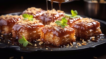 Wall Mural - Stack of freshly baked baklava on dark background. AI generated