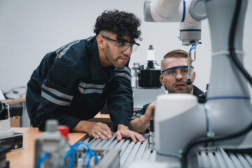 Student engineer Assembling Robotic Arm with computer in Technology Workshop. Service Engineer Holding Robot Controller and Checking Robotic Arm Welding Hardware.