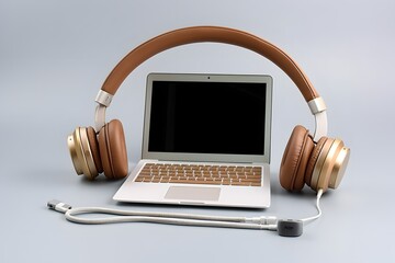 Wall Mural - a laptop computer sitting on top of a pair of headphones Generative AI