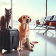 concept of traveling with animals. kitten and dog with suitcases at the airport. ai generative