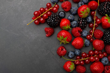 Wall Mural - Berries Background. Strawberries, Blueberry, Raspberries, and Blackberry.