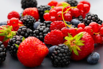 Wall Mural - Berries. Various colorful berries Strawberry, Raspberry, Blackberry, Blueberry close-up Bio Fruits, Healthy eating,