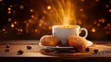  A Cup Of Coffee And Two Donuts On A Saucer With Cinnamon Sprinkles On A Wooden Table In Front Of A Blurry Background Of Lights.
