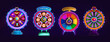 Glowing wheel of fortune for lottery game or casino realistic 3d vector illustration. Lucky roulette, game spin for win prize. Gambling lottery, leisure jackpot elements on dark background.