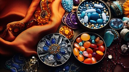 Sticker -  a table topped with bowls filled with lots of different types of bead and glass beads on top of a table next to a scarf and a scarf on top of a table.