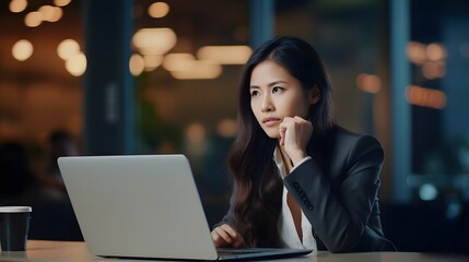 Wall Mural - a woman sitting in front of a laptop computer Generative AI