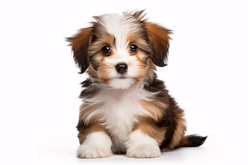 Wall Mural - A cheerful crimson-hued Havanese pup gazes upon the camera, serenely isolated on a white backdrop.