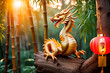 Illustration of a golden Chinese dragon on a trunk in the bamboo forest with a Chinese lantern. Chinese New Year 2024.
