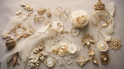 Sticker -  a white table topped with lots of different types of brooches and other assorted brooches on top of a white cloth covered table next to a bouquet of flowers.