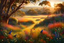 A Picturesque Meadow Bathed In Golden Sunlight, Adorned With Vibrant Wildflowers, As A Flock Of Rainbow Lorikeets Adds A Burst Of Color To The Scene.