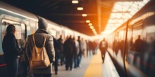 People Waiting For The Train At The Railway Station, Blurred Background - Generative Ai 