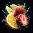Lemon , Strawberry and water splash floating in the air on dark background .