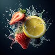 Lemon , Strawberry and water splash floating in the air on dark background .
