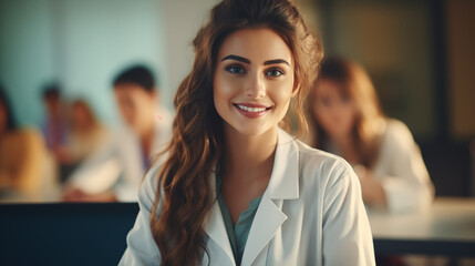 Portrait of a cute woman medical student sitting in classroom during lecture in medical college with young students