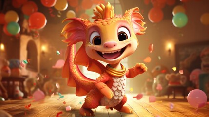 Poster -  a cartoon of a dragon dancing in a room full of balloons and confetti on the floor and confetti falling from the ceiling to the floor in the air.