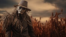 The Mysterious Skeleton In A Hat And Coat Roaming Through A Spooky Cornfield