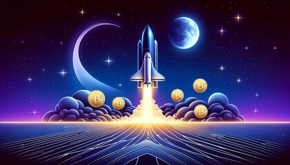 Sticker - Bitcoin to the moon concept with the rocket symbolizing price increase and inflation hedge