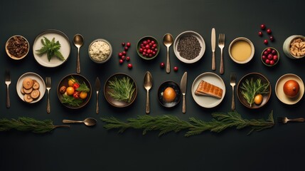 Poster -  a table topped with plates of food next to utensils and utensils on each side of the plate are oranges, cranberries, carrots, broccoli, cranberries, cranberries, and cranberries.