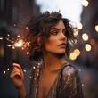 Profile view young short haired brunette holding sparkler at night wearing silver dress, effortlessly chic. Season greetings concept. Generative AI 