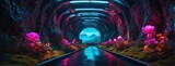 Fototapeta Przestrzenne - Futuristic tunnel in the cave with neon lights. Tropical bioluminescent plants cover the floor of the tunnel. Fantastic biopunk wallpaper.