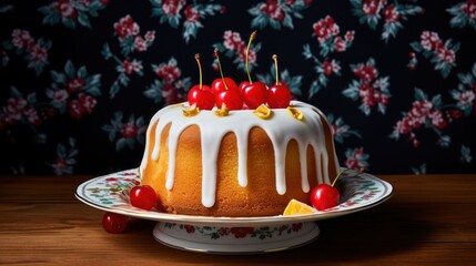 Canvas Print -  a cake with white icing and cherries on a plate with cherries on the top of the cake and cherries on the side of the cake stand.