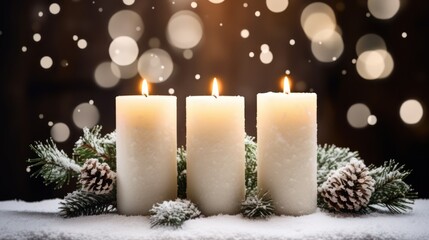 Poster -  three candles sitting on top of a table covered in snow next to pine cones and a pine cone with a pine cone in the center of the candles is surrounded by pine cones.