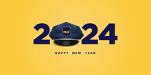 Police Cop New Year 2024 Web Banner Poster Design, 2024 New Year Number Logo With Police Cop Officer Cap, Soldier Cap, Happy New Year 2024 On An Isolated Background